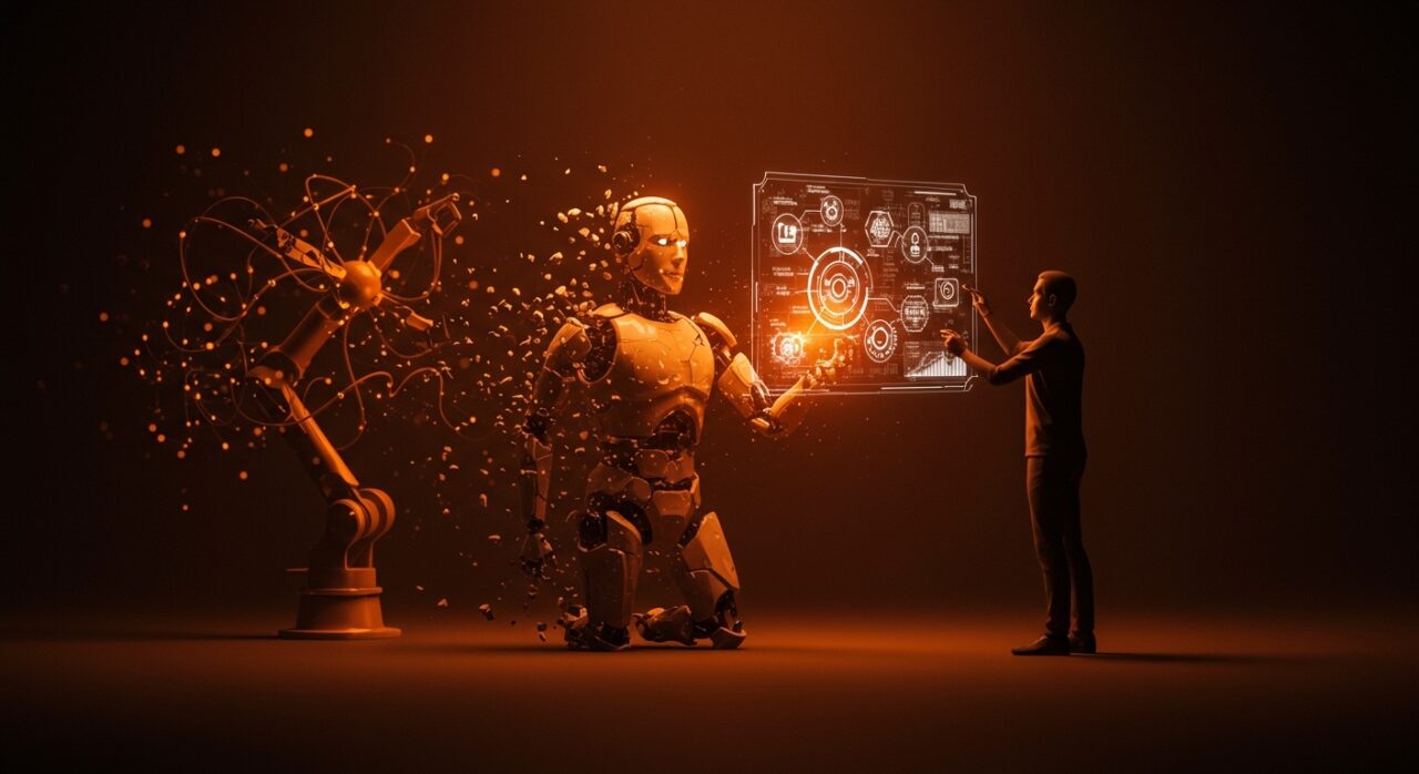 Reflexión visual sobre la quiebra de ek robotics con metáforas de automatización, inteligencia artificial y colaboración estratégica en startups tecnológicas.