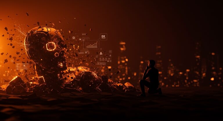Imagen conceptual de la quiebra de Ek Robotics mostrando un robot fracturado y una figura emprendedora, simbolizando desafíos en automatización e inteligencia artificial para startups tecnológicas.