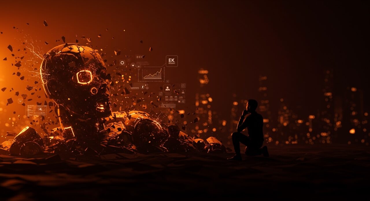 Imagen conceptual de la quiebra de Ek Robotics mostrando un robot fracturado y una figura emprendedora, simbolizando desafíos en automatización e inteligencia artificial para startups tecnológicas.