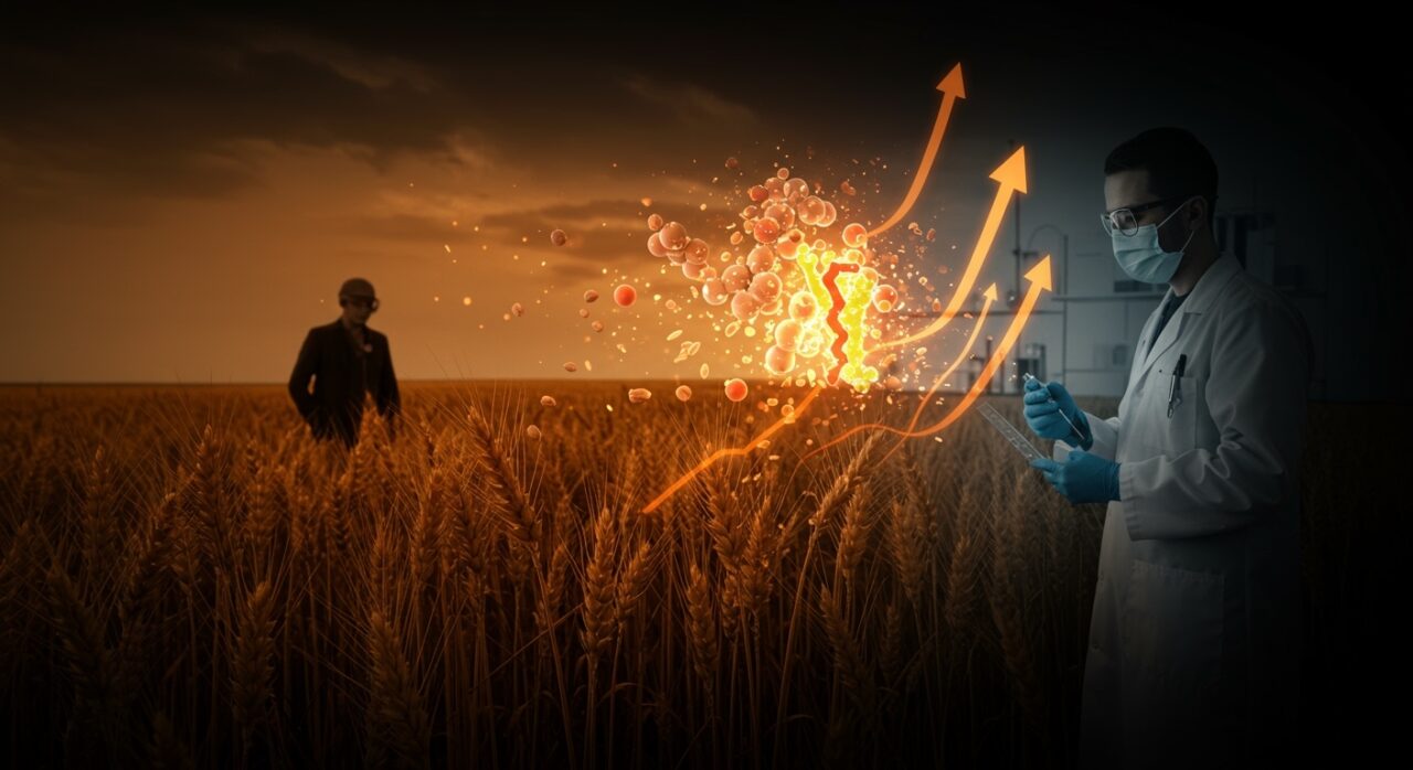 Representación visual de la celiaquía y el mercado sin gluten emergente tras la hambruna de 1944, con enfoque en healthtech y diagnóstico médico.