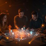 Emprendedores colaborando en el censo 2026 de startups de Córdoba con mapas digitales y conexiones del ecosistema tecnológico regional.