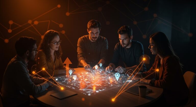 Emprendedores colaborando en el censo 2026 de startups de Córdoba con mapas digitales y conexiones del ecosistema tecnológico regional.