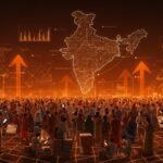 Censo India 2026 representado por funcionarios con dispositivos móviles y visualización digital de big data en gestión masiva de población.