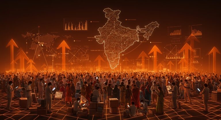 Censo India 2026 representado por funcionarios con dispositivos móviles y visualización digital de big data en gestión masiva de población.