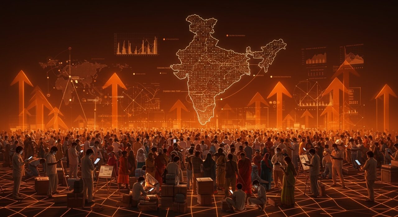 Censo India 2026 representado por funcionarios con dispositivos móviles y visualización digital de big data en gestión masiva de población.