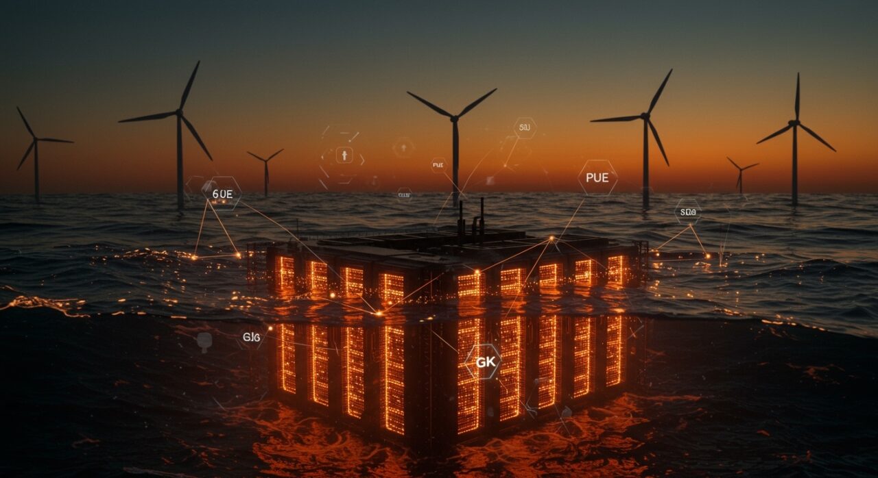 Centro de datos submarino Lingang con energía renovable eólica marina, infraestructura sostenible para IA con alta eficiencia energética.