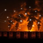 Centros de datos de IA y plantas de gas natural emitiendo grandes cantidades de CO2, representando el impacto ambiental y emisiones en la industria tecnológica.