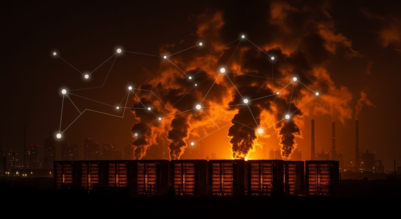 Centros de datos de IA y plantas de gas natural emitiendo grandes cantidades de CO2, representando el impacto ambiental y emisiones en la industria tecnológica.