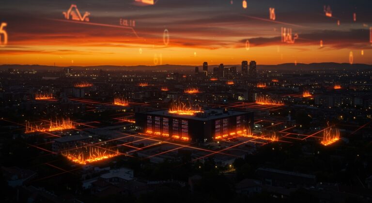 Centro de datos en Aragón mostrando el impacto de las islas de calor y la tecnología sostenible en la infraestructura ambiental.