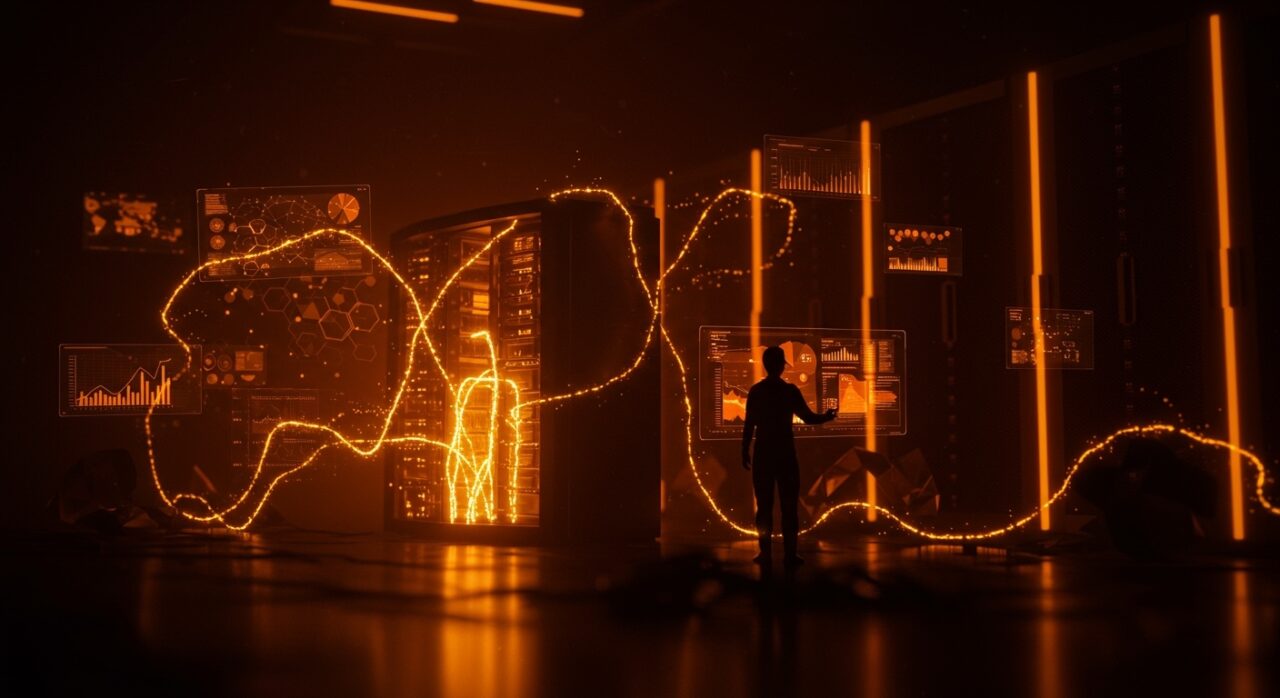 Centro de datos futurista iluminado en naranja con representaciones visuales de energía y descarbonización en un contexto tecnológico innovador.