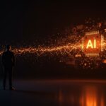 CEO observando un paisaje digital abstracto con representaciones de IA y productividad en startups, reflejando retos y estrategias para resultados reales con inteligencia artificial.