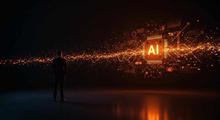 CEO observando un paisaje digital abstracto con representaciones de IA y productividad en startups, reflejando retos y estrategias para resultados reales con inteligencia artificial.