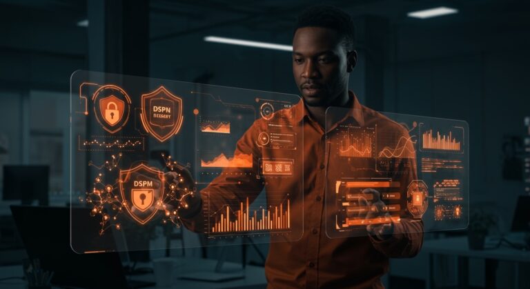 Fundador tech revisando seguridad de datos y automatización con IA en un entorno empresarial digital moderno.