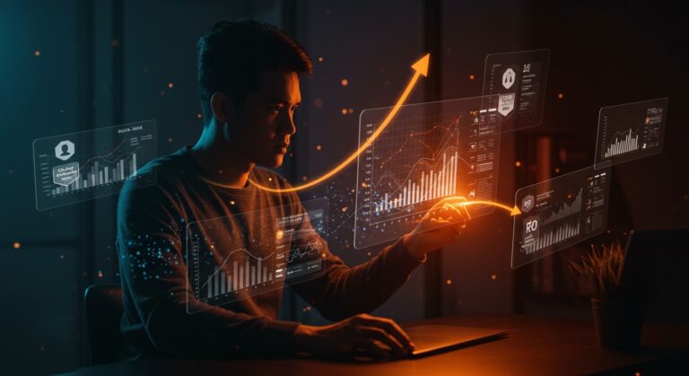 Founder interactuando con plataformas educativas online y certificaciones técnicas en tecnología para formación continua con alto retorno de inversión en 2026.