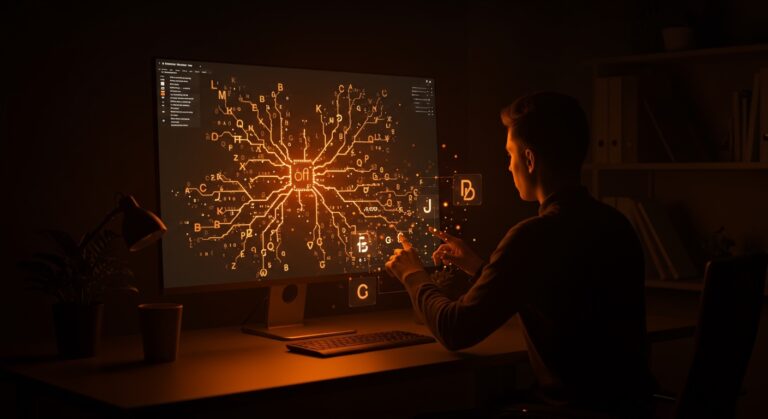 Explorador de Unicode visual con IA mostrando glifos similares en un entorno de diseño tipográfico moderno con paleta naranja y negro de Ecosistema Startup.