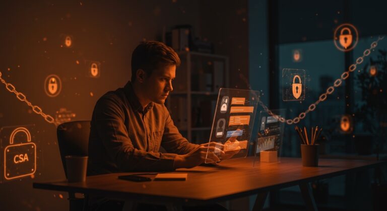 Fundador de startup analizando regulaciones de Chat Control y CSA UE en un entorno digital moderno, destacando impacto en privacidad y cumplimiento tecnológico.