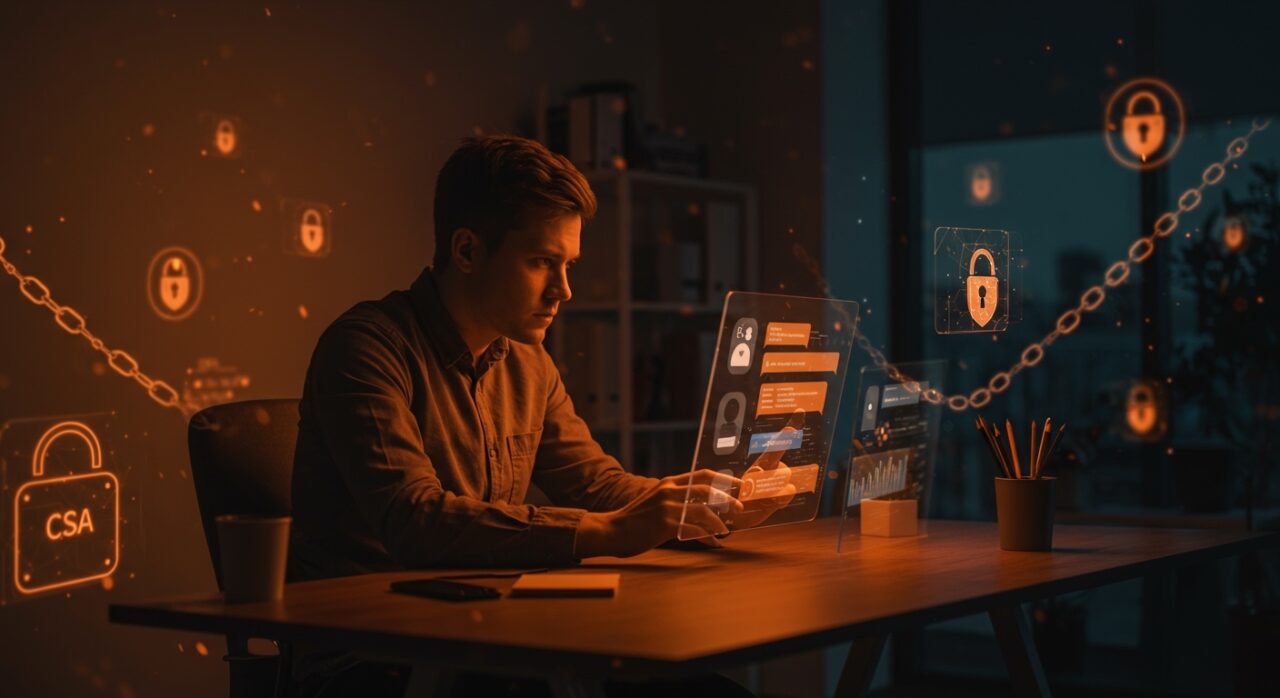 Fundador de startup analizando regulaciones de Chat Control y CSA UE en un entorno digital moderno, destacando impacto en privacidad y cumplimiento tecnológico.