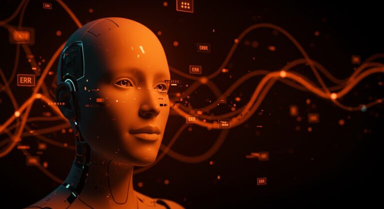 Chatbot IA empático con expresión cálida mostrando errores digitales, ilustrando aumento de errores y riesgos según estudio de Oxford para startups.