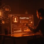 Imagen editorial que muestra a un fundador de startup interactuando con métricas digitales y redes neuronales, ilustrando ChatGPT Ads y la monetización en publicidad IA.