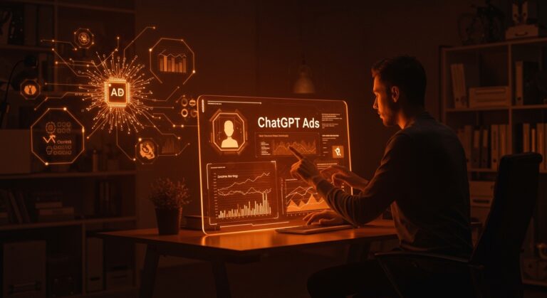 Imagen editorial que muestra a un fundador de startup interactuando con métricas digitales y redes neuronales, ilustrando ChatGPT Ads y la monetización en publicidad IA.