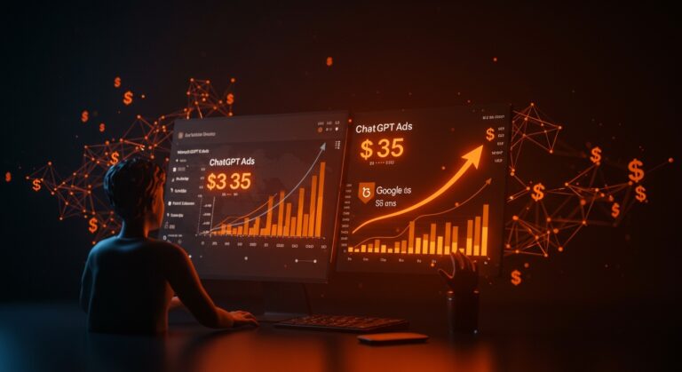 Panel digital mostrando métricas de publicidad CPC de ChatGPT frente a Google, destacando el cambio en costos y tendencias en inteligencia artificial.