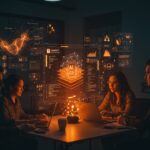 Fundadores de startups colaborando con ChatGPT Business en un entorno digital que simboliza inteligencia artificial y trabajo seguro.