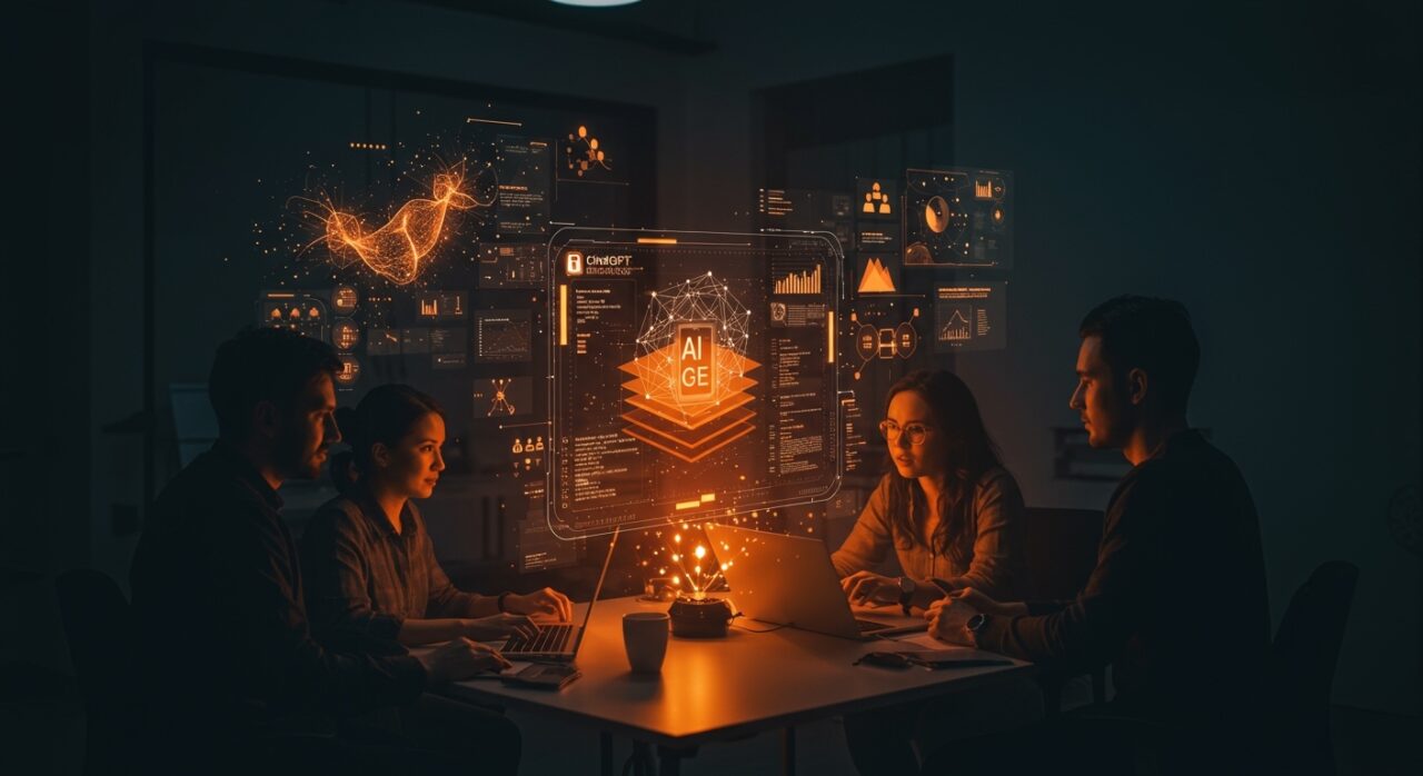 Fundadores de startups colaborando con ChatGPT Business en un entorno digital que simboliza inteligencia artificial y trabajo seguro.