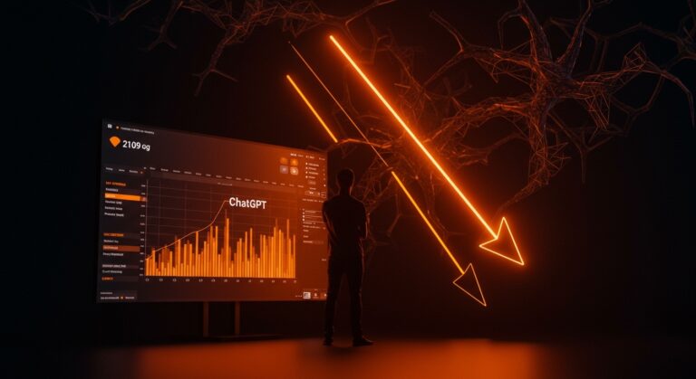 Fundador analizando la caída del 56% en cuota de mercado de ChatGPT y tendencias en modelos de negocio de IA para startups.