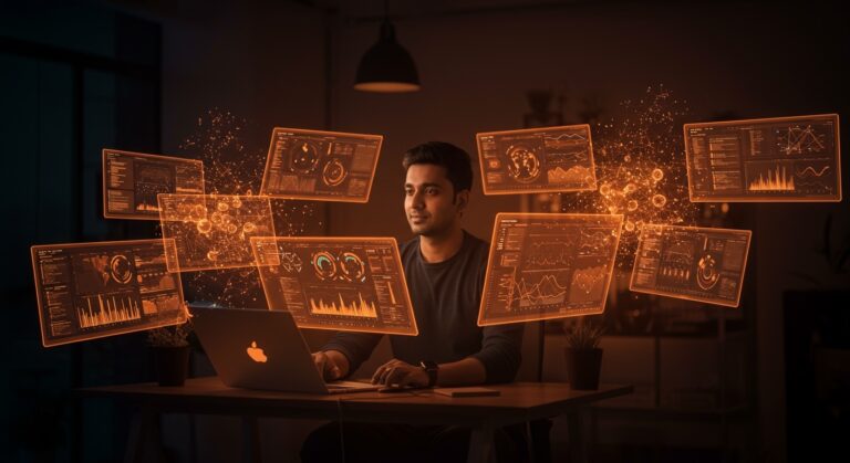 Fundador indio utilizando ChatGPT Images 2.0 con ocho imágenes simultáneas para marketing digital en startups, destacando la automatización y la IA generativa de OpenAI.