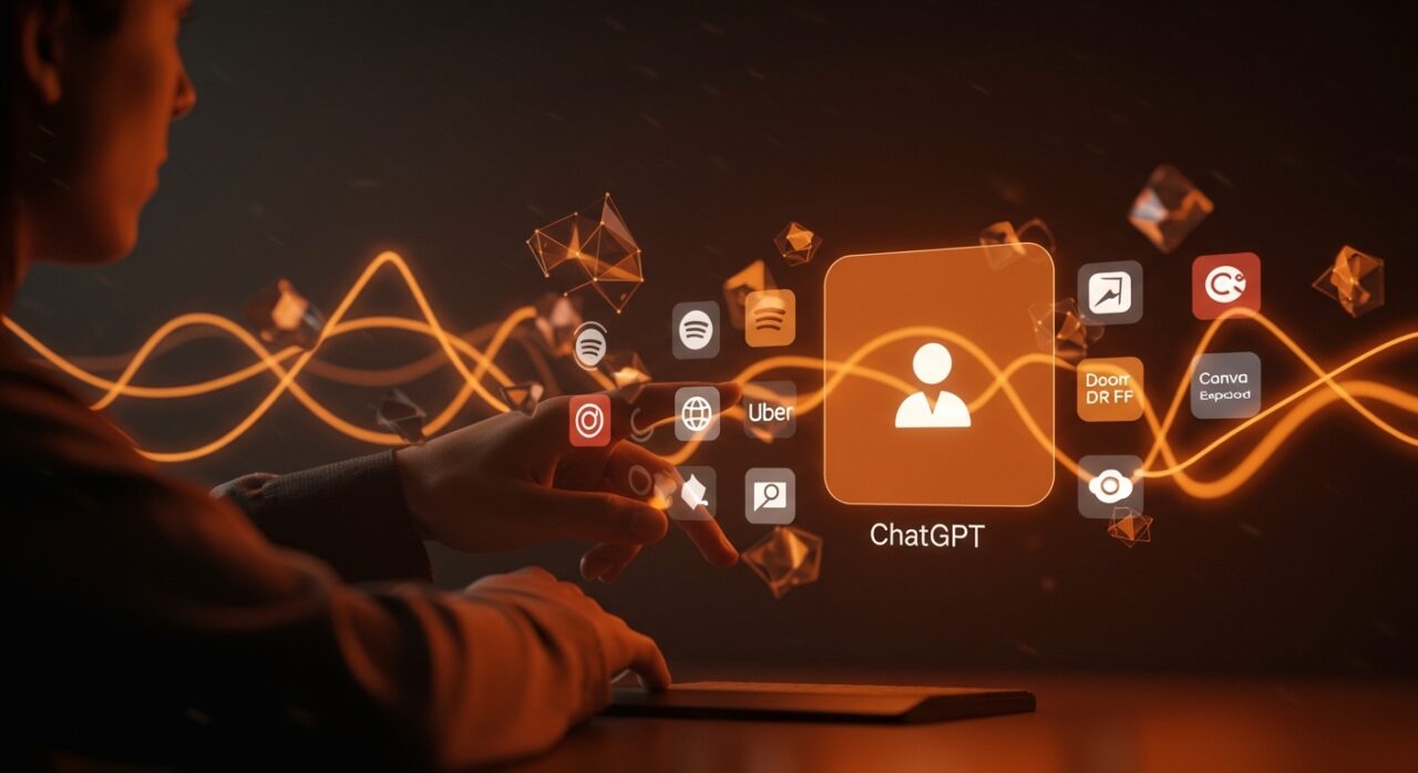 Integración de ChatGPT con Spotify, Uber y Canva en un sistema operativo conversacional de IA para automatización de apps en 2026.
