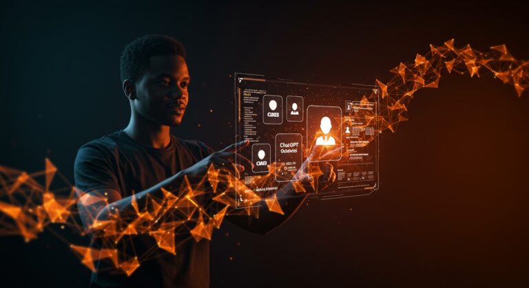 Interacción futurista de un desarrollador con interfaces holográficas de IA mostrando ChatGPT Pro y Codex, destacando comparación con Claude Max y automatización para startups.