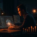 Desarrollador interactuando con interfaces holográficas de programación AI, representando ChatGPT Pro y OpenAI Codex para desarrollo de software.