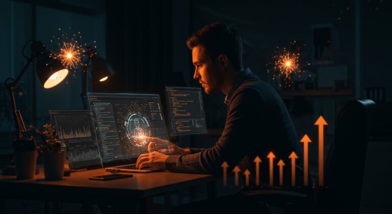 Desarrollador interactuando con interfaces holográficas de programación AI, representando ChatGPT Pro y OpenAI Codex para desarrollo de software.