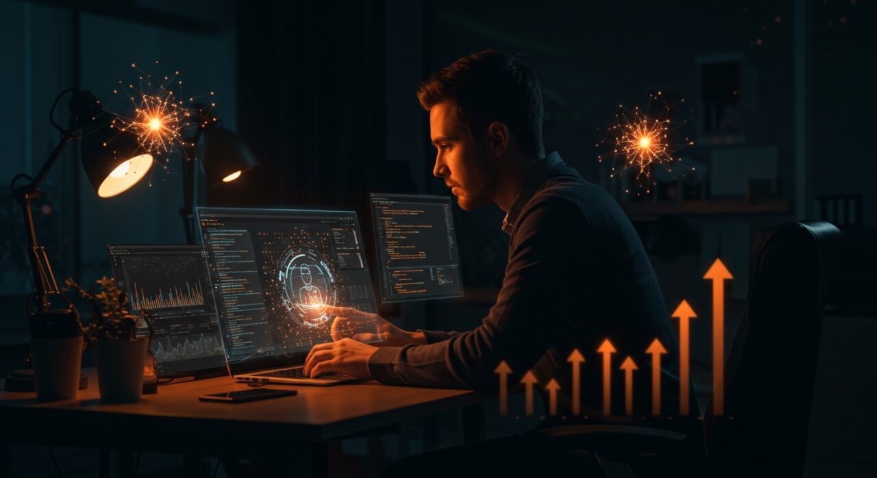 Desarrollador interactuando con interfaces holográficas de programación AI, representando ChatGPT Pro y OpenAI Codex para desarrollo de software.