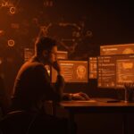 Profesional reflexionando sobre el uso de ChatGPT en la declaración de la renta con metáforas visuales de inteligencia artificial y riesgos fiscales.