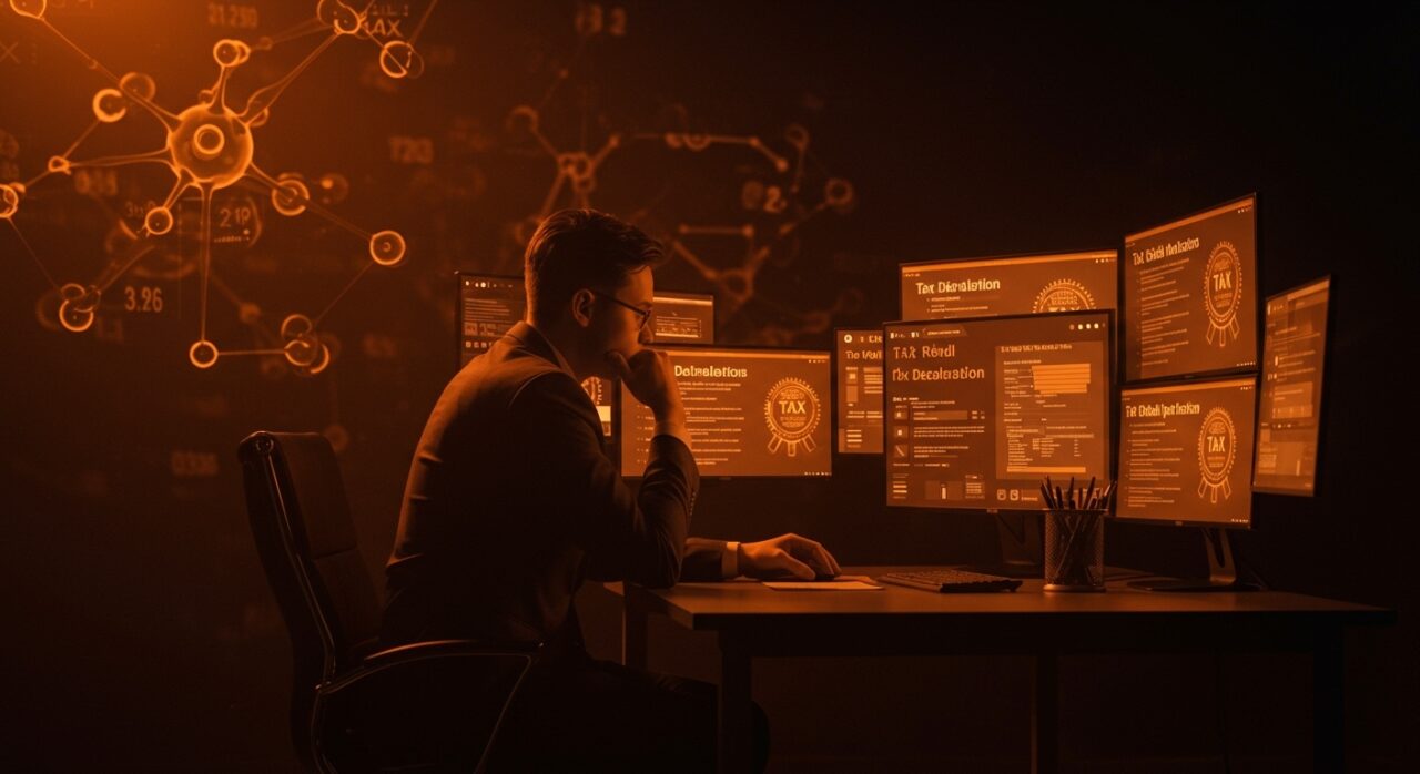 Profesional reflexionando sobre el uso de ChatGPT en la declaración de la renta con metáforas visuales de inteligencia artificial y riesgos fiscales.