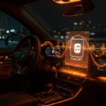 Interfaz holográfica de IA conversacional ChatGPT integrada en Apple CarPlay con iluminación naranja y ambiente de alta tecnología automotriz.