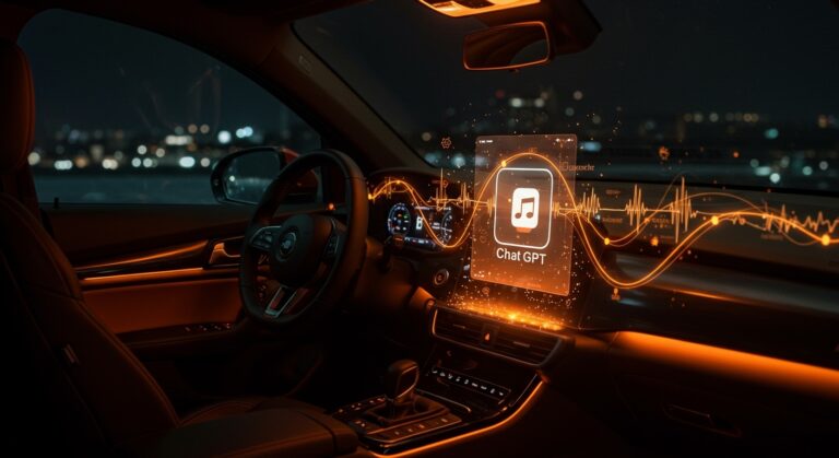 Interfaz holográfica de IA conversacional ChatGPT integrada en Apple CarPlay con iluminación naranja y ambiente de alta tecnología automotriz.