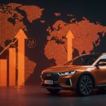 Vehículo eléctrico Ebro de Chery frente a mapa de Europa con elementos visuales que representan crecimiento y tecnología verde en movilidad eléctrica.