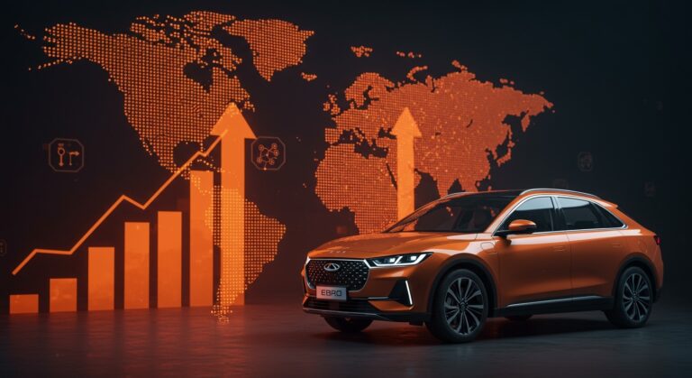 Vehículo eléctrico Ebro de Chery frente a mapa de Europa con elementos visuales que representan crecimiento y tecnología verde en movilidad eléctrica.