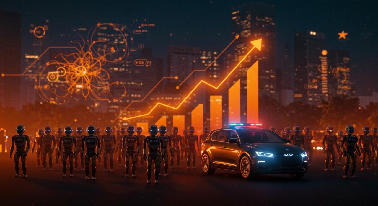 Robots policía humanoides de Chery AiMOGA desplegados en China, ilustrando automatización y crecimiento del mercado de robótica en 2026.