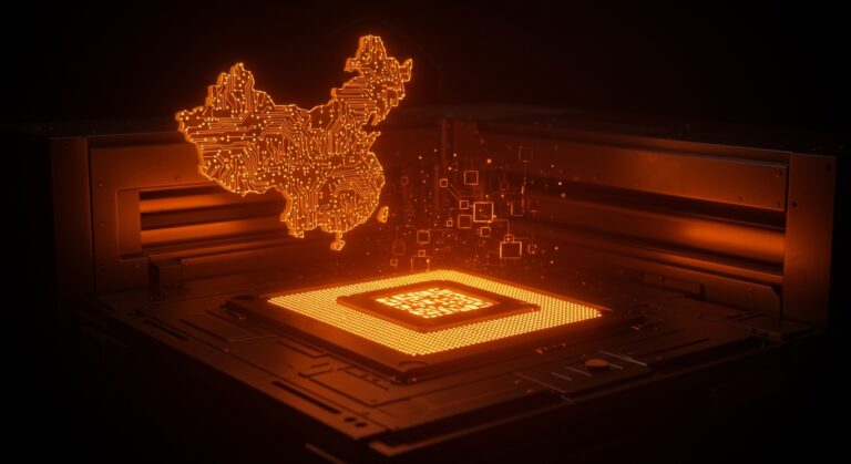 Máquina de fabricación de chips en China representando la autosuficiencia tecnológica y el avance en la industria de semiconductores.