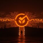 Bloqueo de compra de Manus por Meta ilustrado con barreras digitales y cadenas tecnológicas en colores naranja y negro, enfatizando restricciones regulatorias en IA entre China y USA.