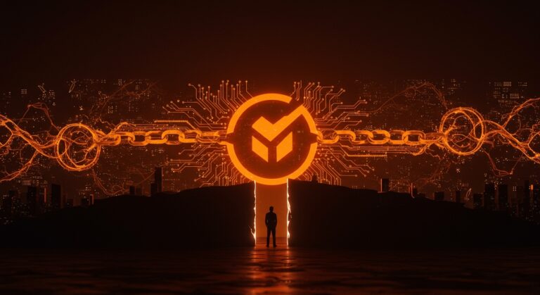 Bloqueo de compra de Manus por Meta ilustrado con barreras digitales y cadenas tecnológicas en colores naranja y negro, enfatizando restricciones regulatorias en IA entre China y USA.