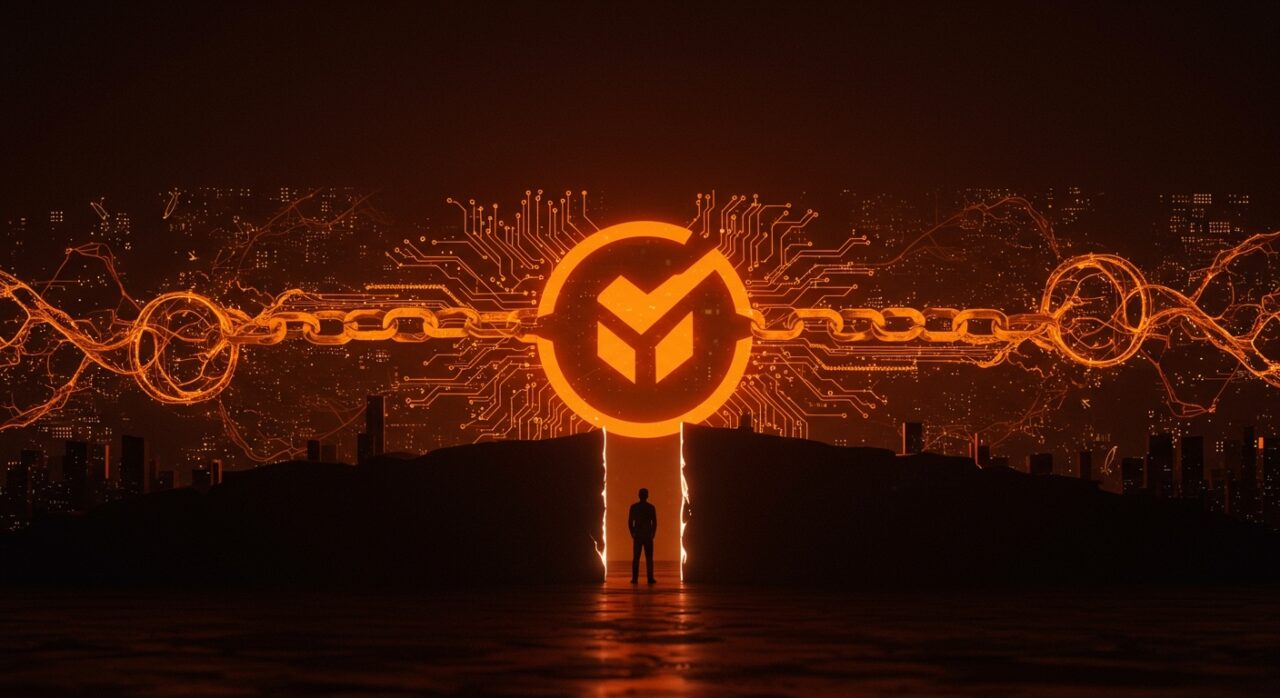 Bloqueo de compra de Manus por Meta ilustrado con barreras digitales y cadenas tecnológicas en colores naranja y negro, enfatizando restricciones regulatorias en IA entre China y USA.