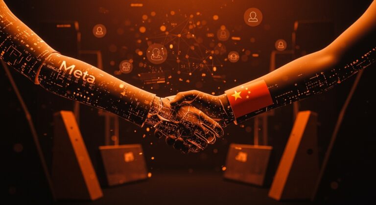 Bloqueo de adquisición de startup IA por China a Meta con metáforas visuales de inteligencia artificial y geopolítica tecnológica.