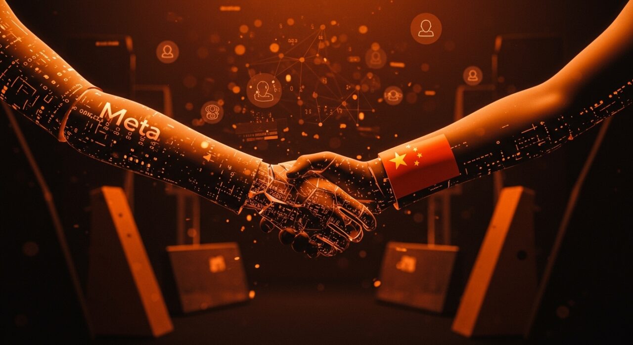 Bloqueo de adquisición de startup IA por China a Meta con metáforas visuales de inteligencia artificial y geopolítica tecnológica.