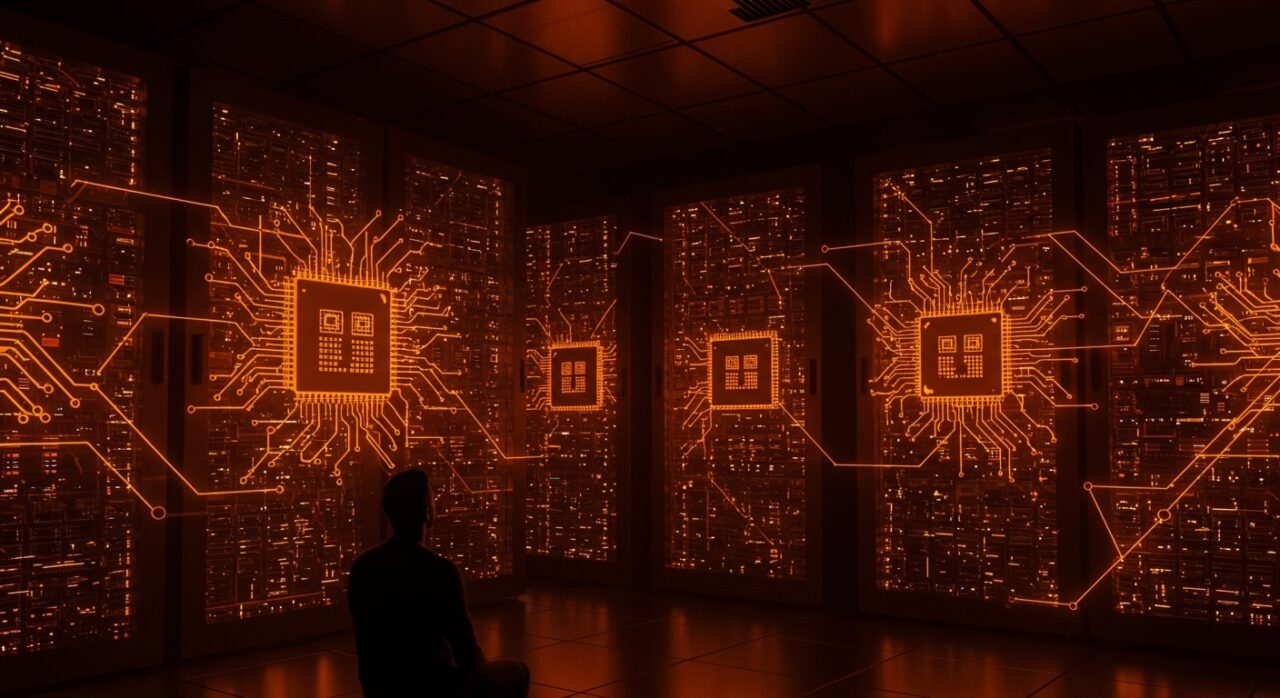 Centro de datos con chips Huawei Ascend 910C en China, ilustrando la brecha tecnológica con OpenAI en el sector de semiconductores y IA.