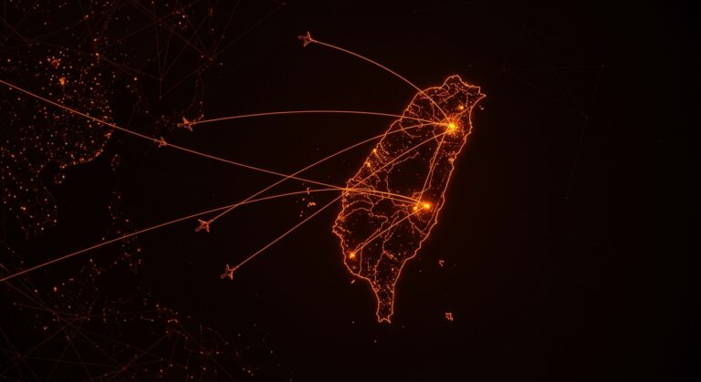 Mapa aéreo con espacio aéreo cerrado por China durante 40 días, ilustrando tensiones geopolíticas y tecnológicas en el Indo-Pacífico.