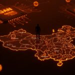 Mapa digital de China destacando control del galio con iconografía de semiconductores GaN y ecosistema startup tecnológico.
